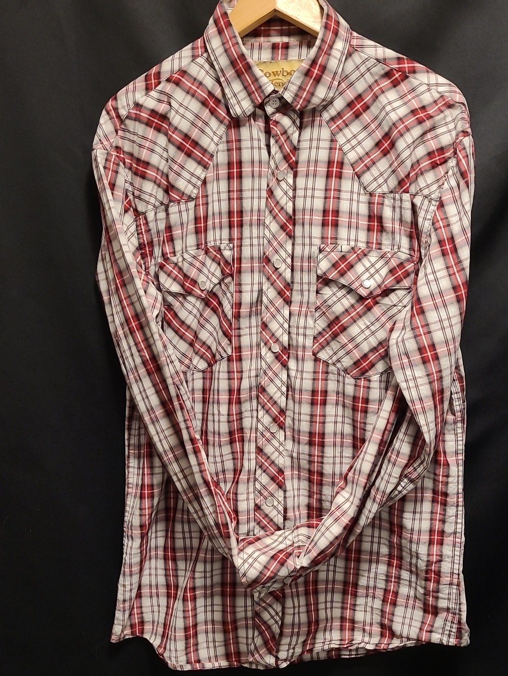 Cowboy Legend men’s sz L cotton blend red plaid chest pocket pearl snap shirt